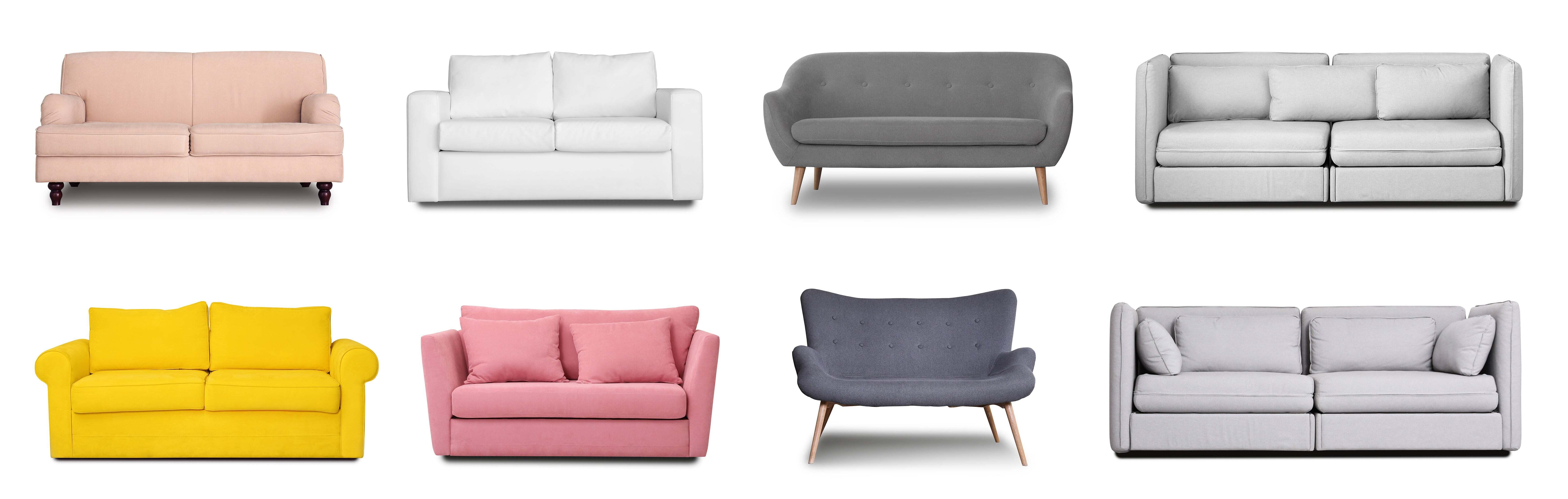 Eight different styles of couches on a white background